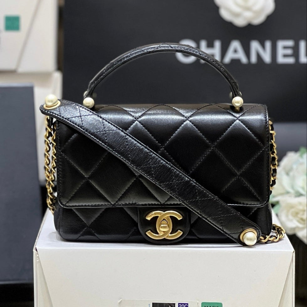 CHANEL PEARL LIMITED EDITION FLAP BAG WITH HANDLE 20 IN BLACK LAMBSKIN