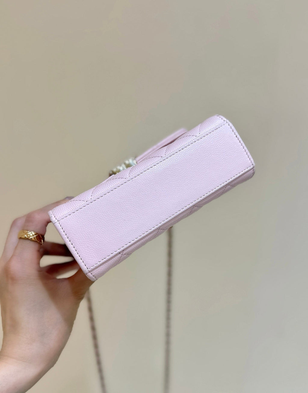 CHANEL QUILTED MINI FLAP BAG WITH HANDLE 14 IN BABY PINK LAMBSKIN GOLD PLATED METAL