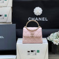 CHANEL QUILTED MINI FLAP BAG WITH HANDLE 14 IN BABY PINK LAMBSKIN GOLD PLATED METAL