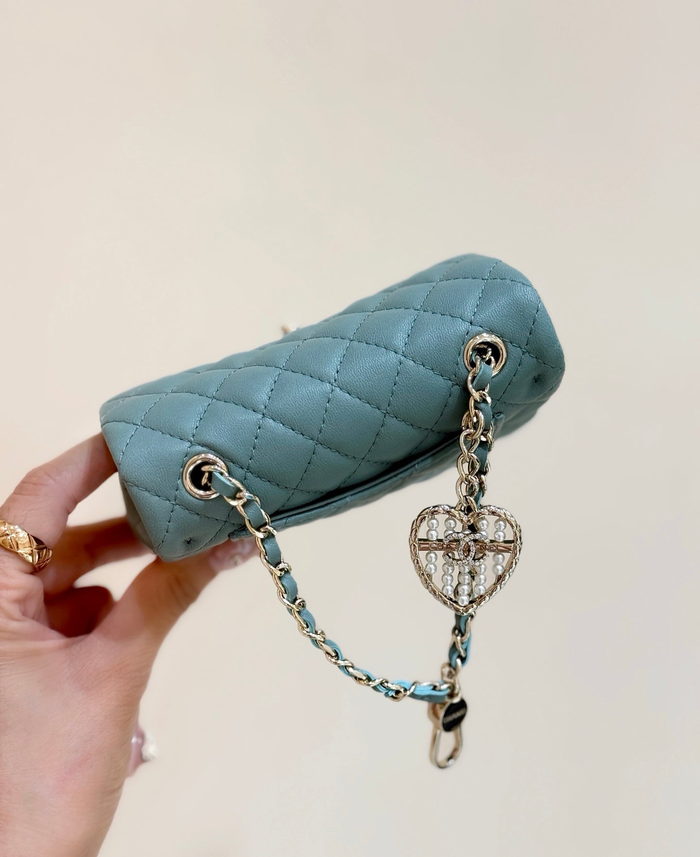 CHANEL 25S  MINI CF BAG 12 IN MUTED TEAL LAMBSKIN HEART MODEL