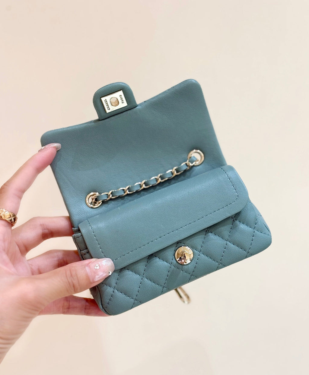 CHANEL 25S  MINI CF BAG 12 IN MUTED TEAL LAMBSKIN HEART MODEL