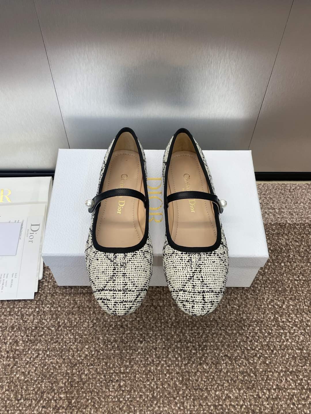 DIOR D-RAMOUR BALLET FLATS IN WHITE MIX BLACK EMBROIDERED CANNAGE TWEED