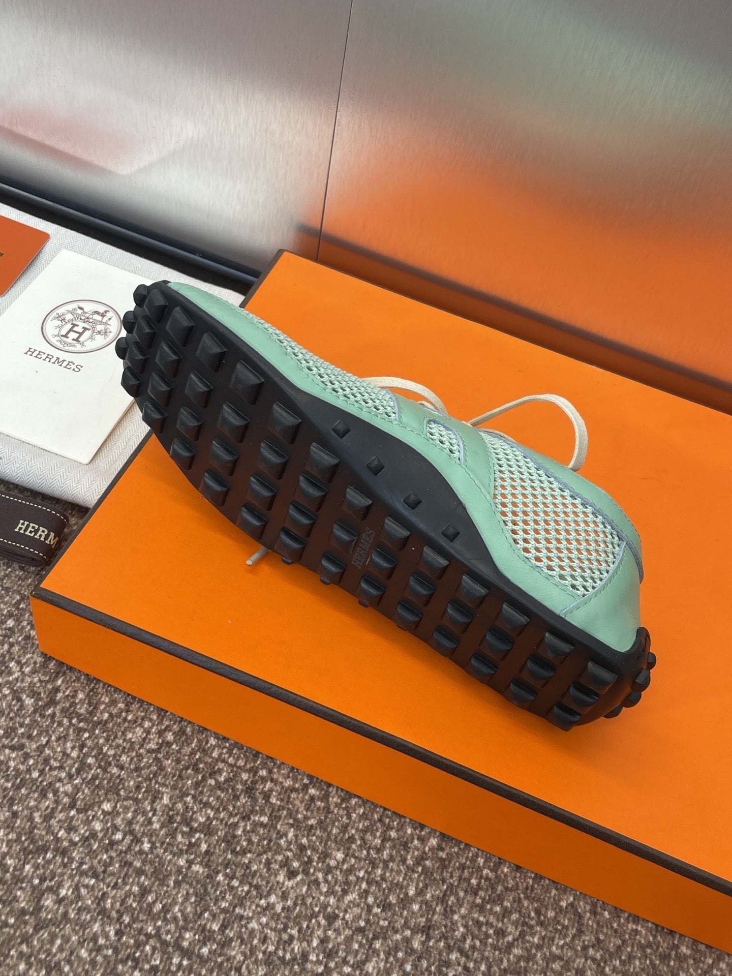 HERMES KIGA SNEAKER IN GREEN MINT CROCHET KNIT AND CALFSKIN
