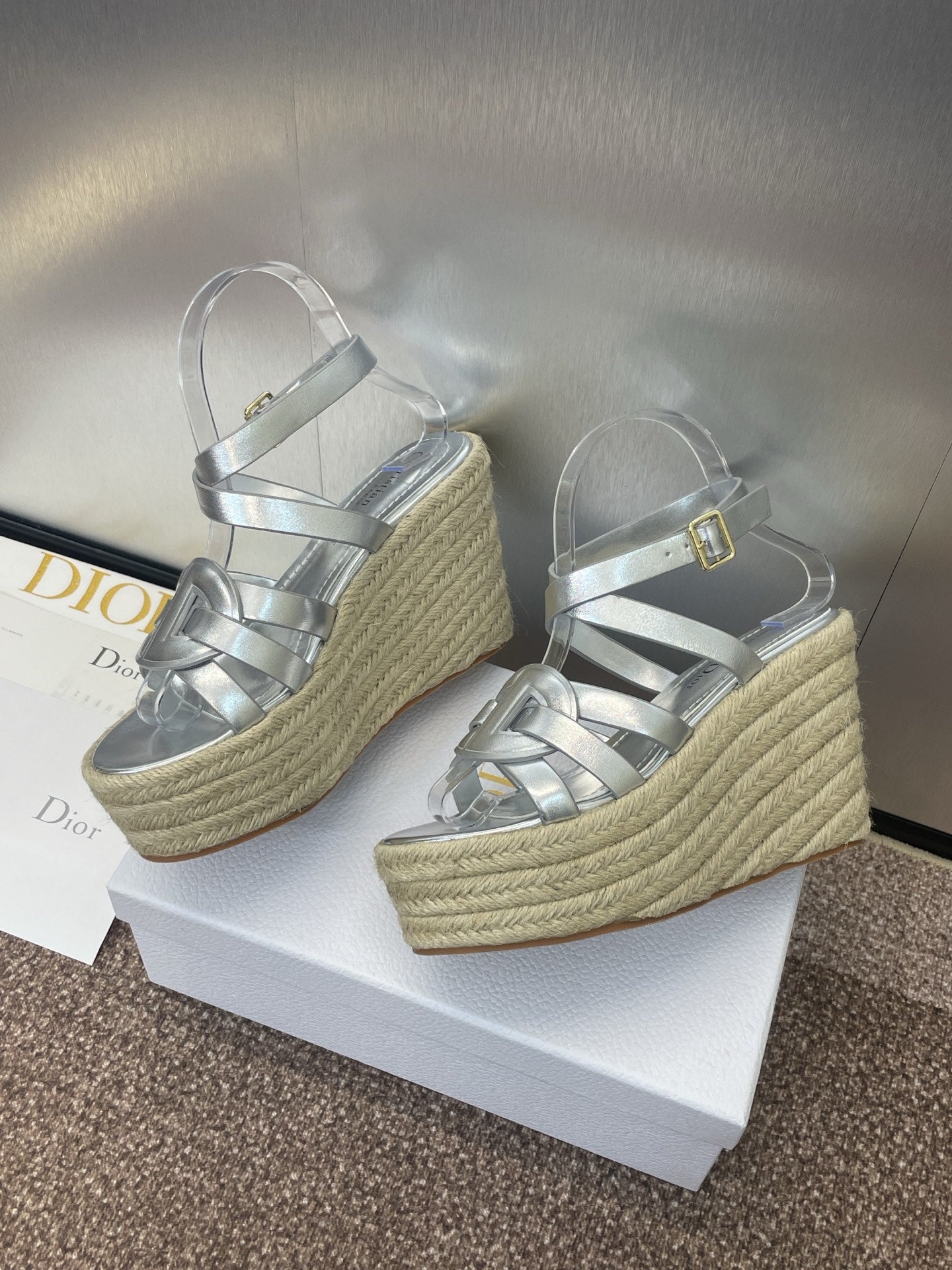 DIOR D-CLUB 25S HIGH HEEL WEDGE 100MM IN SILVER GLOSSY CALFSKIN RAFFIA SOLE