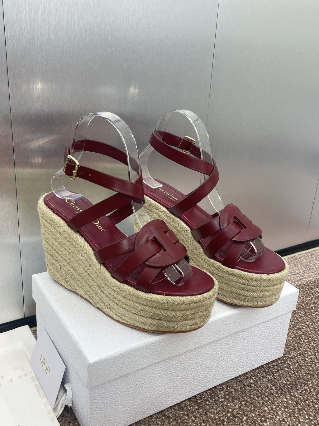 DIOR D-CLUB 25S HIGH HEEL WEDGE 100MM IN BURGUNDY RED CALFSKIN RAFFIA SOLE
