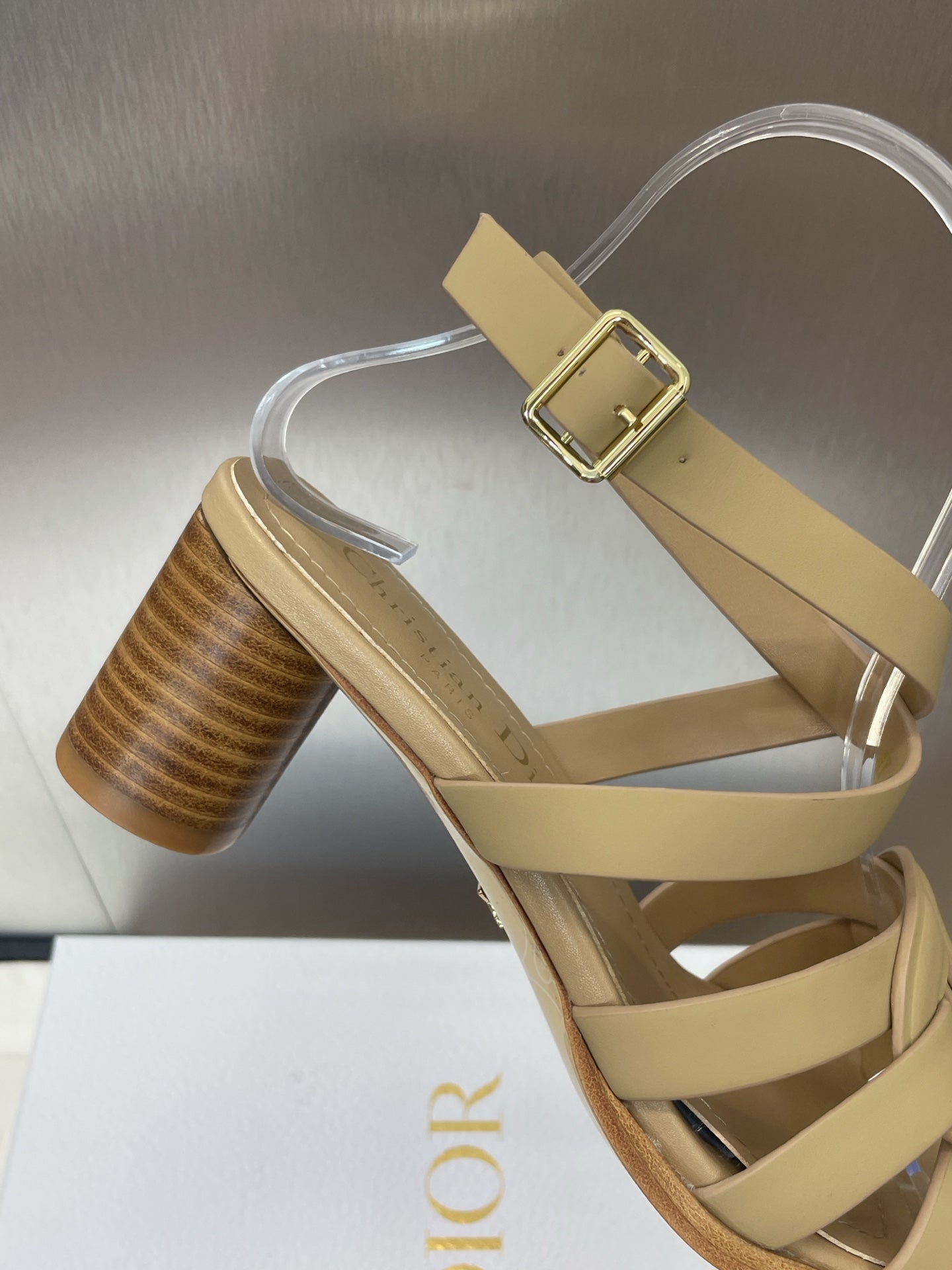 DIOR D-CLUB HIGH HEEL SLIDE 25S 55MM IN GOLDEN BEIGE CALFSKIN