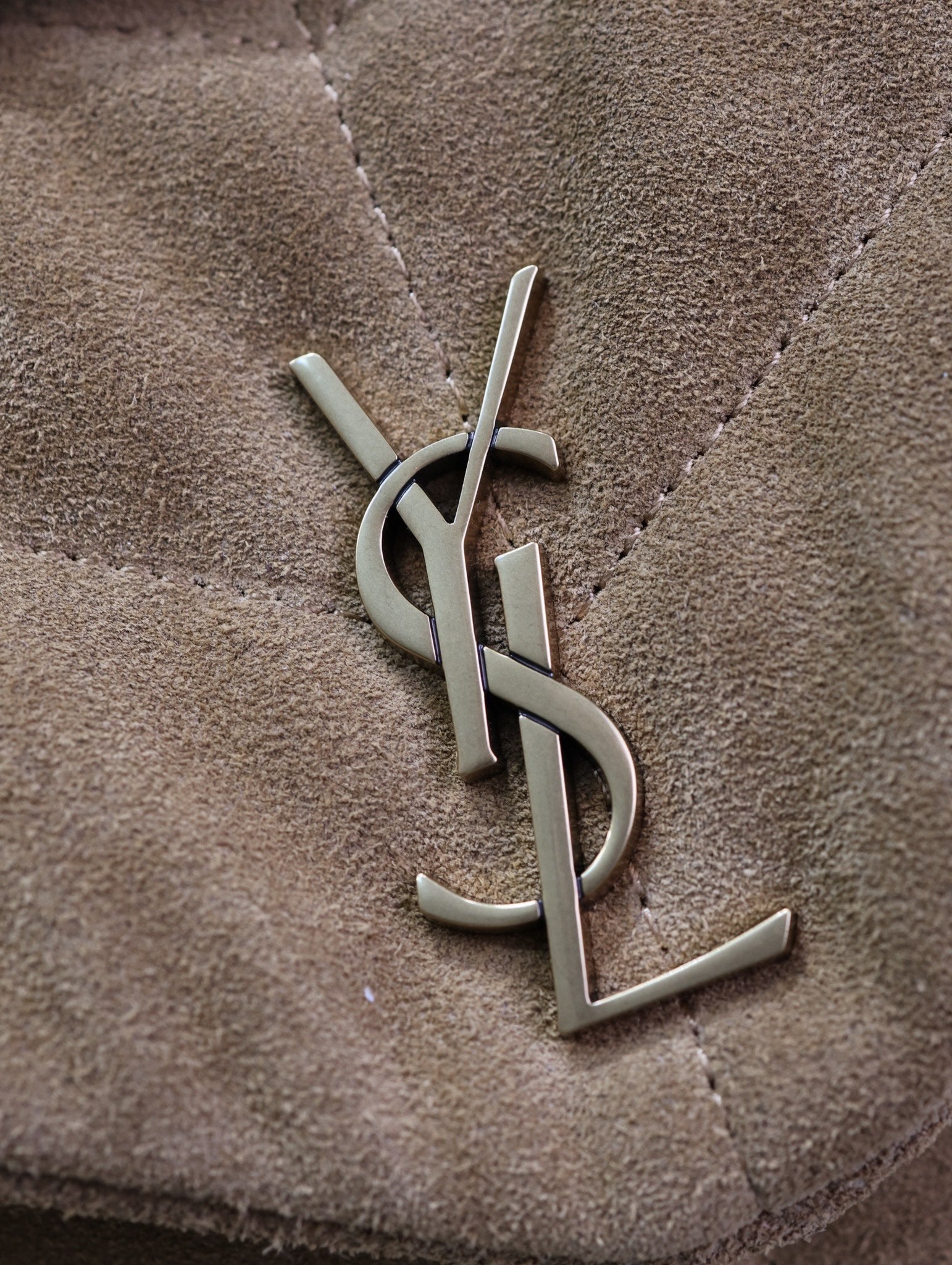 YSL 25S LOULOU PUFFER MINI 23 IN TAN BROWN SUEDE GOLD HARDWARE