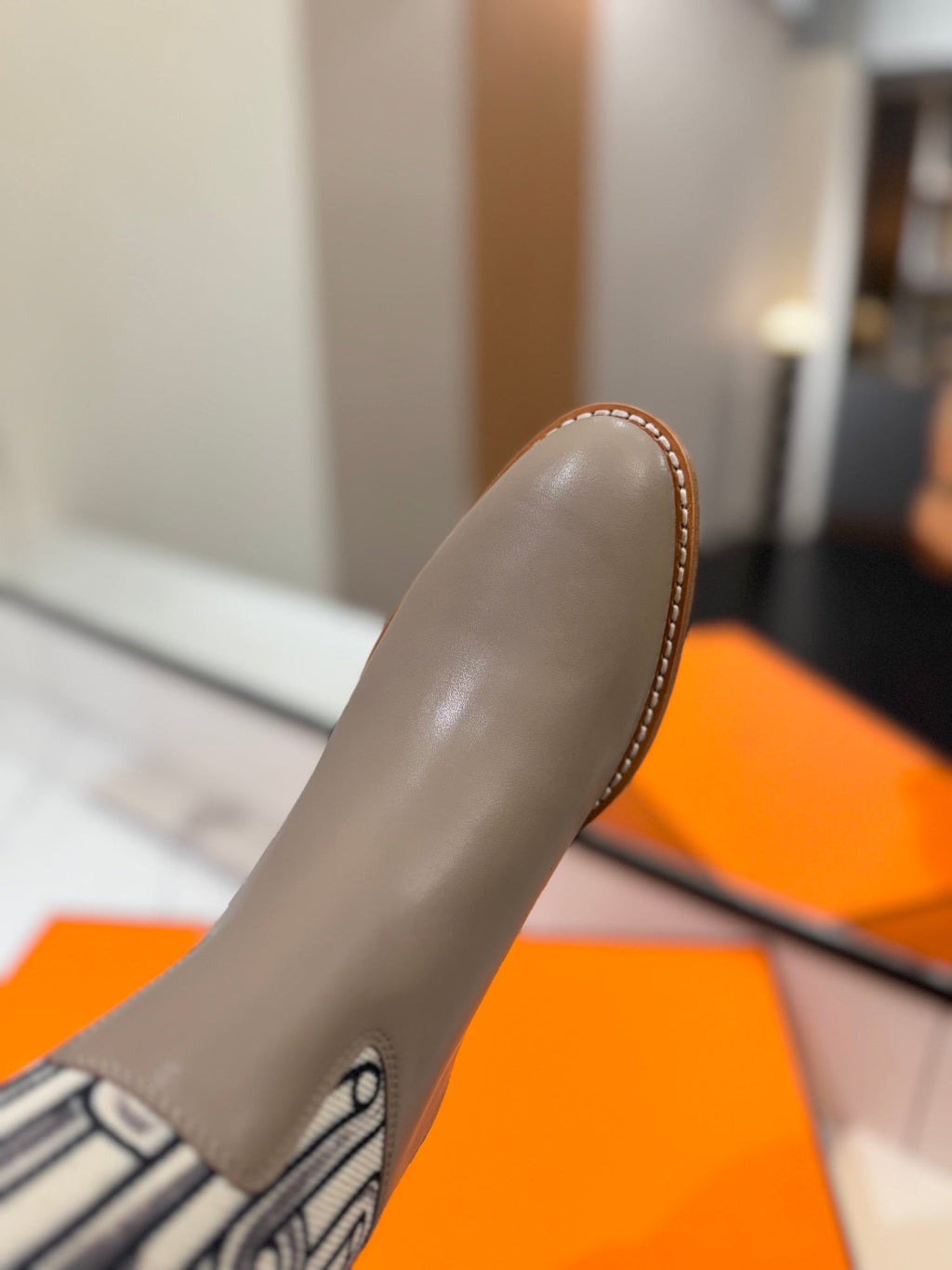 HERMES JUMPING BOOT 2 CM IN PASTEL GRAY CALFSKIN AND BLACK MIX WHITE FABRIC