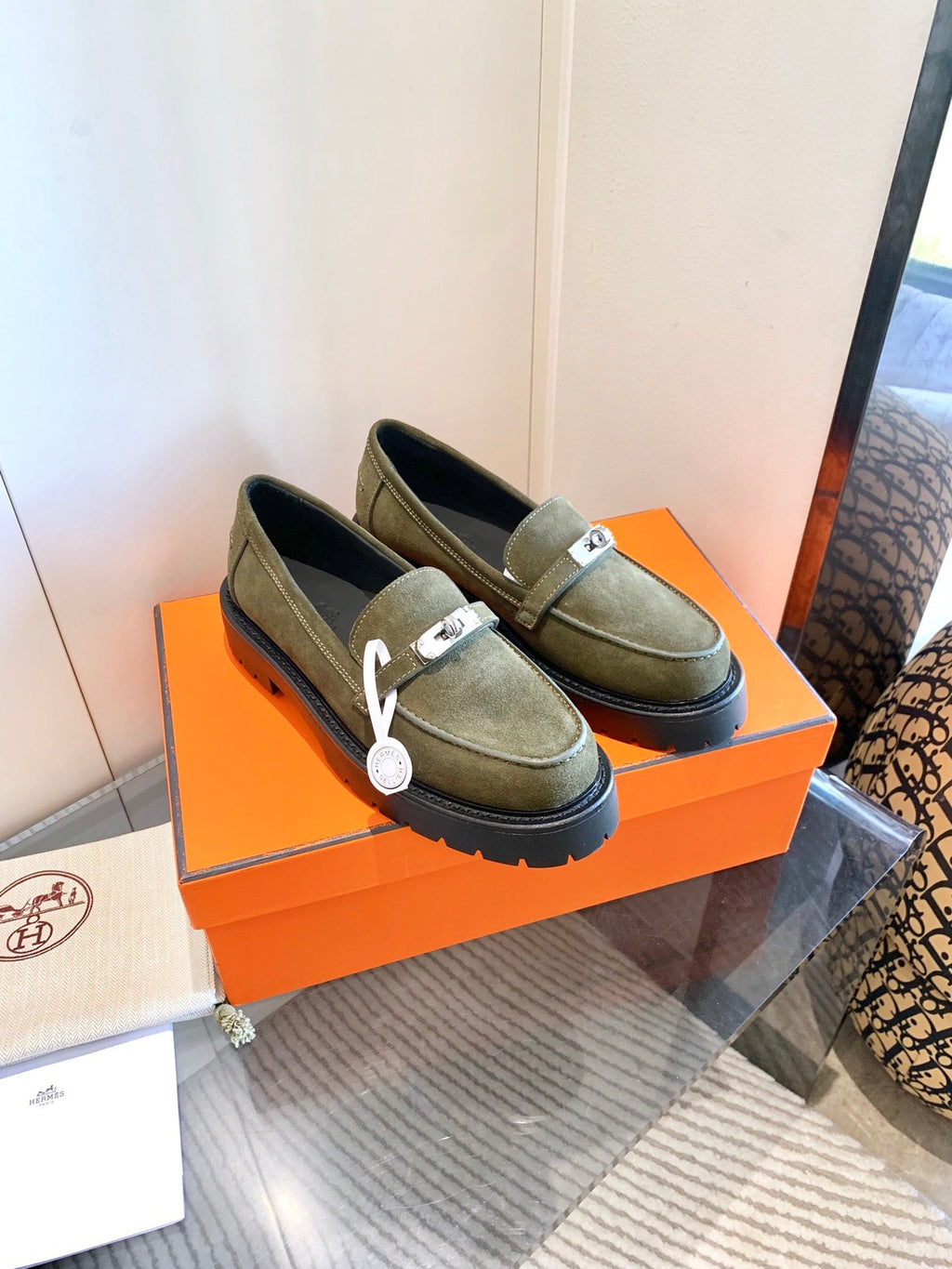HERMES ICONE LOAFER IN ARMY GREEN SUEDE