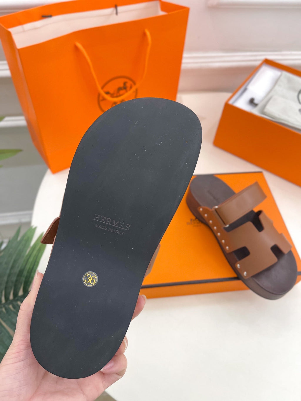 HERMES KOS CLOG IN BRONZE BROWN CALFSKIN