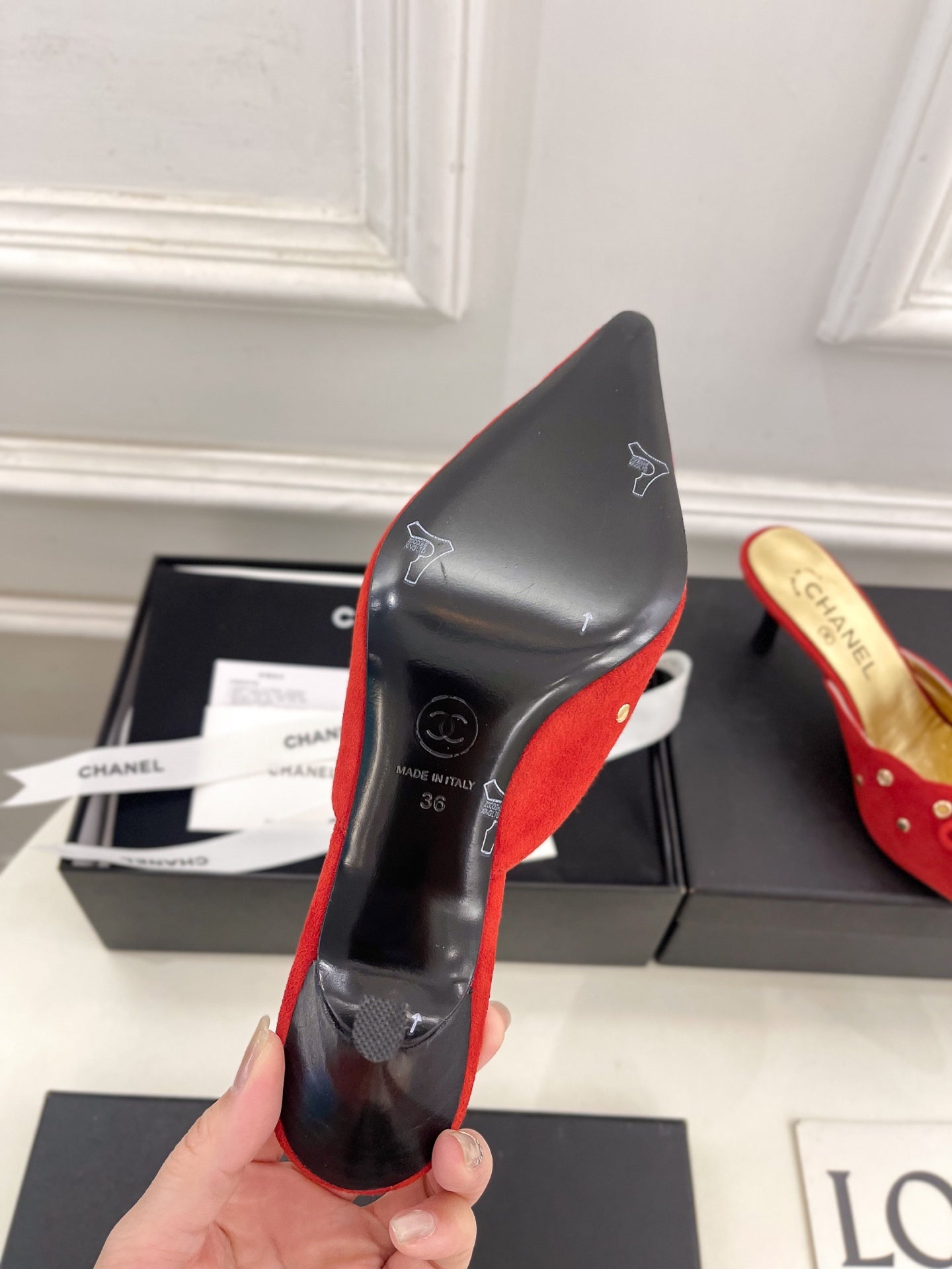 CHANEL HIGH 65 MM MULE IN CHERRY RED SUEDE