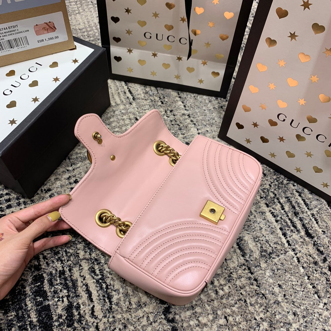 GUCCI Marmont 22cm Pink Calfskin Gold Hardware