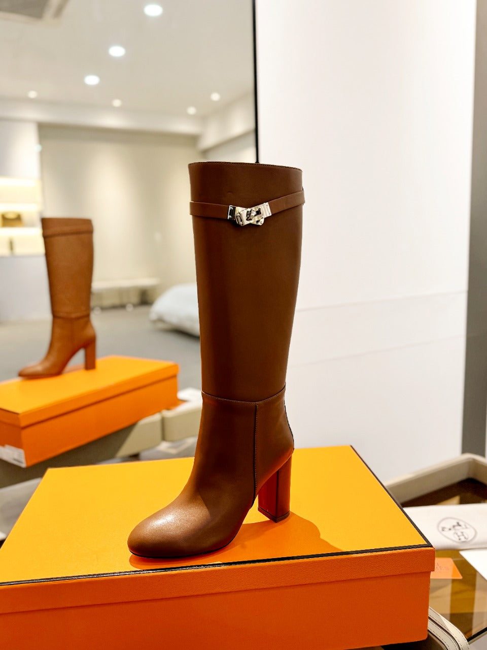 HERMES STORY BOOT 85MM IN BRONZE BROWN CALFSKIN